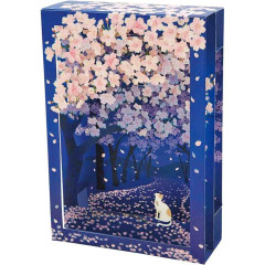 Japan Famous Scenery 3D Greeting Card - Cat & Sakura Cherry Blossom / Night