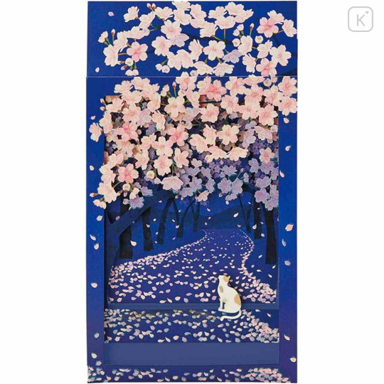 Japan Famous Scenery 3D Greeting Card - Cat & Sakura Cherry Blossom / Night - 2