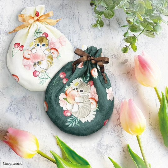 Japan Mofusand Store Drawstring Bag - Cat : Peach Flora Cherry Green - 2