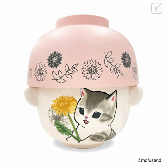 Japan Mofusand Ceramic Tea Bowl & Melamine Soup Bowl Set - Cat / Flower - 1