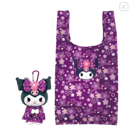 Japan Sanrio Eco Shopping Bag & Mascot Plush - Kuromi / Sakura Kimono / Purple - 1