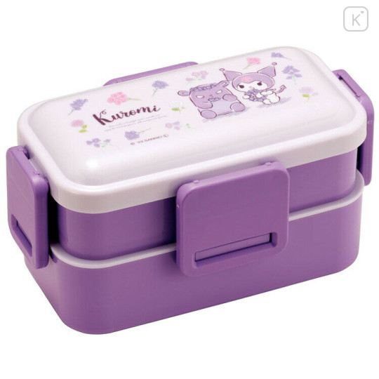 Japan Sanrio 2 Tier Bento Lunch Box 600ml - Kuromi / Purple Flora - 1