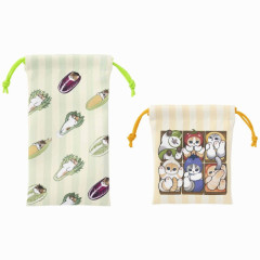 Japan Mofusand Mofumofu Marche 2 Size Drawstring Purse Set - Vegetable Cat / Green & Yellow