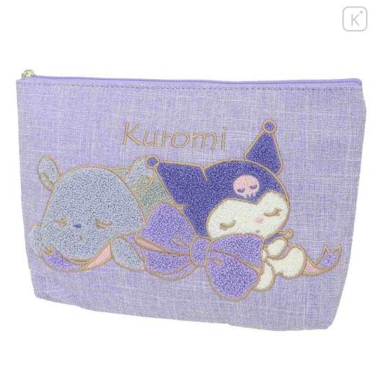 Japan Sanrio Sagara Embroidery Flat Cosmetic Pouch - Kuromi & Baku / Nap Time - 1