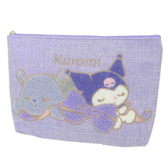 Japan Sanrio Sagara Embroidery Flat Cosmetic Pouch - Kuromi & Baku / Nap Time