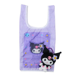 Japan Sanrio Eco Shopping Bag & Mascot Plush - Kuromi / Flora Gingham