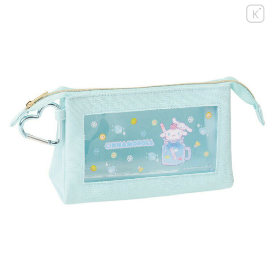 Japan Sanrio Clear Pen Pouch with Carabiner - Cinnamoroll / Soda Drink - 1