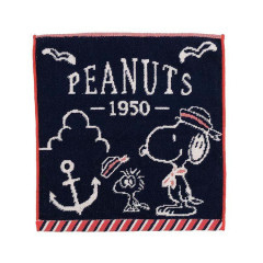 Japan Peanuts Jacquard Towel Handkerchief - Snoopy & Woodstock / Marine Navy / Smile