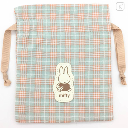 Japan Miffy Drawstring Bag - Plaid / Green & Orange - 1