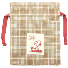 Japan Peanuts Drawstring Bag - Snoopy Plaid / Caramel Brown