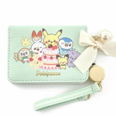 Japan Pokemon Bifold Pass Case Card Holder - Pikachu / Pokepeace Ribbon Green