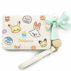 Japan Pokemon Bifold Pass Case Card Holder - Pikachu / Pokepeace Ribbon Beige
