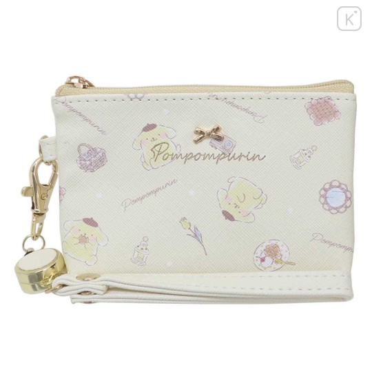 Japan Sanrio Mini Pouch & Pass Case Card Holder with Reel - Pompompurin / Happy Life - 1