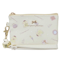 Japan Sanrio Mini Pouch & Pass Case Card Holder with Reel - Pompompurin / Happy Life