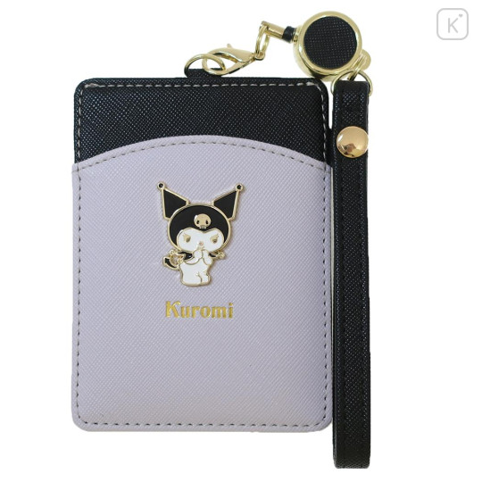 Japan Sanrio Pass Case Card Holder with Reel - Kuromi / Purple & Black - 1