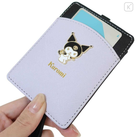 Japan Sanrio Pass Case Card Holder with Reel - Kuromi / Purple & Black - 3