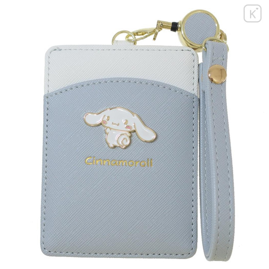 Japan Sanrio Pass Case Card Holder with Reel - Cinnamoroll / Blue & White - 1