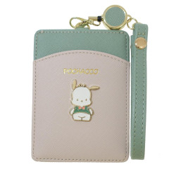 Japan Sanrio Pass Case Card Holder with Reel - Pochacco / Green & Beige