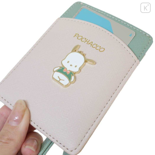 Japan Sanrio Pass Case Card Holder with Reel - Pochacco / Green & Beige - 3