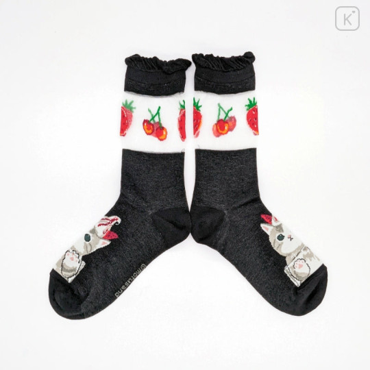 Japan Mofusand See-Through Crew Socks - Fruit Cat / Strawberry Parfait Nyan Black - 1