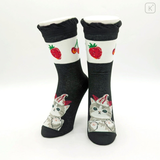 Japan Mofusand See-Through Crew Socks - Fruit Cat / Strawberry Parfait Nyan Black - 2