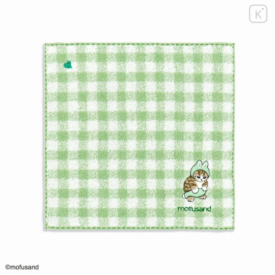 Japan Mofusand Embroidered Mini Towel - Cat / Rabbit Green Grid - 1