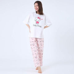 Japan Sanrio Short Sleeve T-shirt Pajamas (M) - Hello Kitty / White & Baby Pink