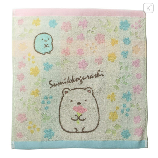 Japan San-X Jacquard Hand Towel Handkerchief - Sumikko Gurashi / Shirokuma Rose - 1