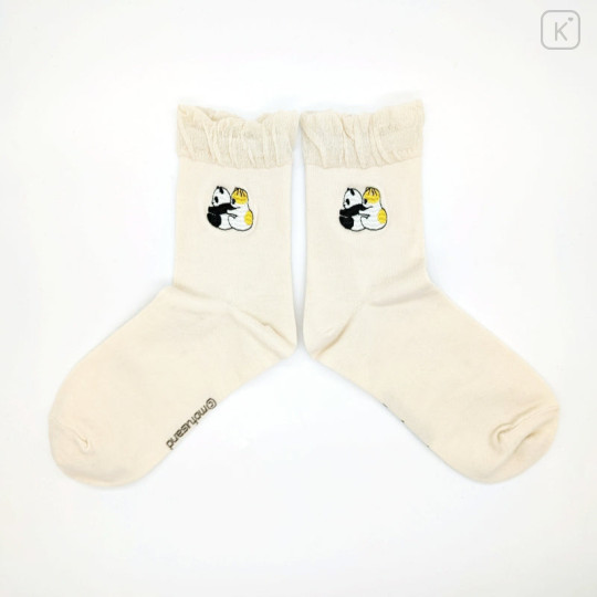 Japan Mofusand Embroidery Crew Socks - Panda Cat / Ivory - 1