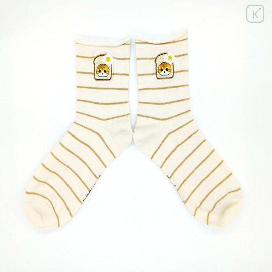 Japan Mofusand Embroidery Crew Socks - Bread Cat / Pan Nyan Ivory - 1