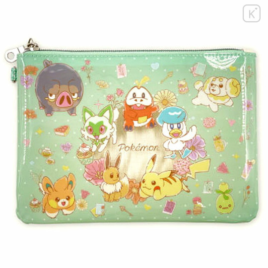 Japan Pokemon Flat Pouch - Flower Cafe / Green - 1