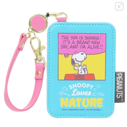 Japan Peanuts Pass Case Card Holder with Reel - Snoopy / Love Nature Blue Pink - 1