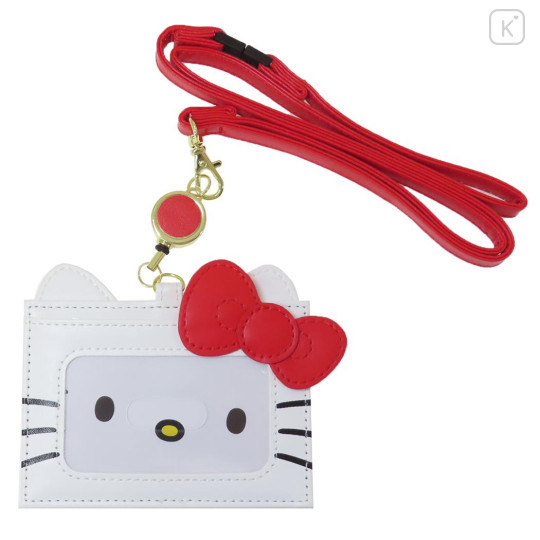 Japan Sanrio Pass Case Card Holder with Reel & Neck Strap - Hello Kitty / Face - 1