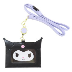 Japan Sanrio Pass Case Card Holder with Reel & Neck Strap - Kuromi / Face