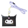 Japan Sanrio Pass Case Card Holder with Reel & Neck Strap - Kuromi / Face - 1