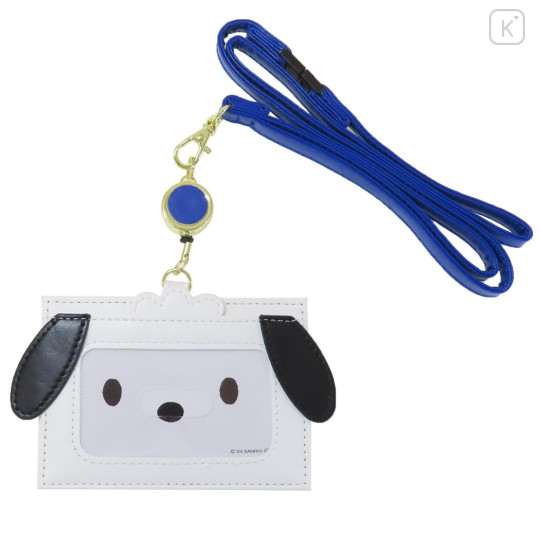 Japan Sanrio Pass Case Card Holder with Reel & Neck Strap - Pochacco / Face - 1