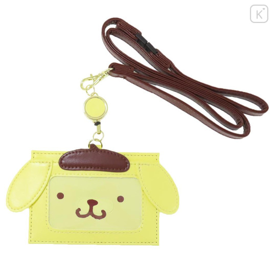 Japan Sanrio Pass Case Card Holder with Reel & Neck Strap - Pompompurin / Face - 1