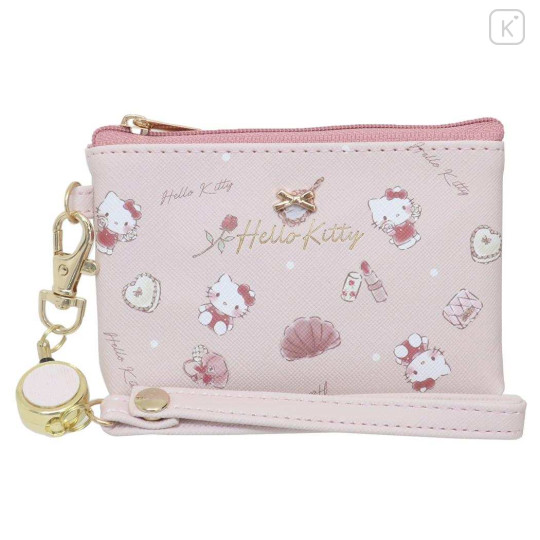 Japan Sanrio Mini Pouch & Pass Case Card Holder with Reel - Hello Kitty / Happy Life - 1