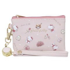 Japan Sanrio Mini Pouch & Pass Case Card Holder with Reel - Hello Kitty / Happy Life