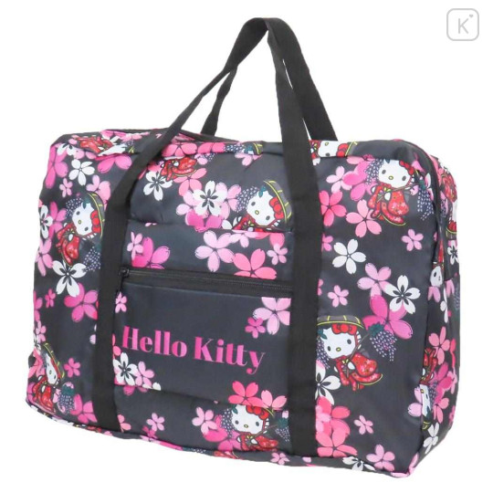 Japan Sanrio Travel Foldable Boston Bag - Hello Kitty / Sakura Kimono Black Pink - 1