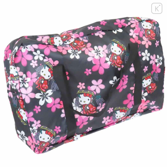 Japan Sanrio Travel Foldable Boston Bag - Hello Kitty / Sakura Kimono Black Pink - 2