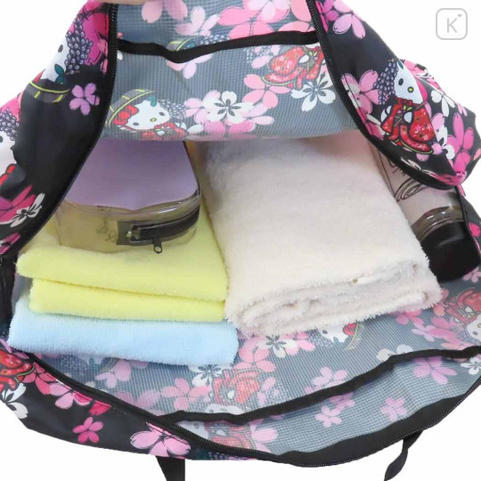 Japan Sanrio Travel Foldable Boston Bag - Hello Kitty / Sakura Kimono Black Pink - 3