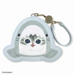 Japan Mofusand Fluffy Pass Case Card Holder With Reel - Cat / Shark