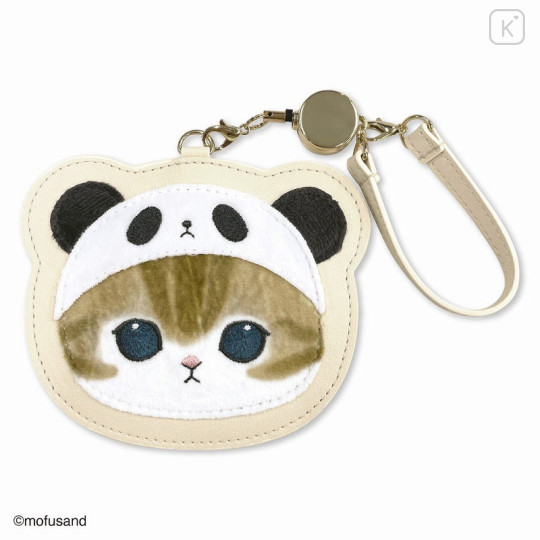 Japan Mofusand Fluffy Pass Case Card Holder With Reel - Cat / Panda - 1