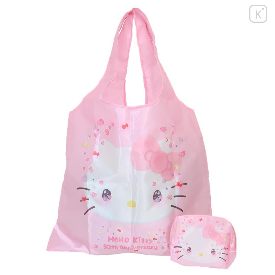 Japan Sanrio Eco Shopping Bag & Pouch - Pink Touching / Hello Kitty 50th Anniversary - 1