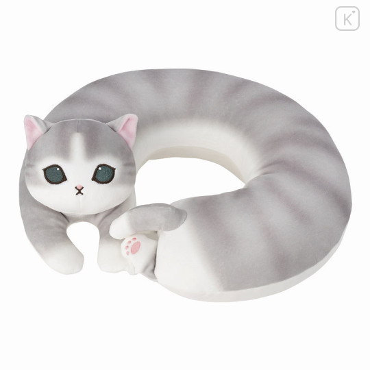 Japan Mofusand Travel Fluffy Neck Pillow Cushion - Cat / Grey & White Nyan - 1