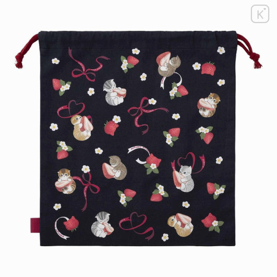 Japan Mofusand Drawstring Bag (L) - Cat / Strawberry Black & Red - 1