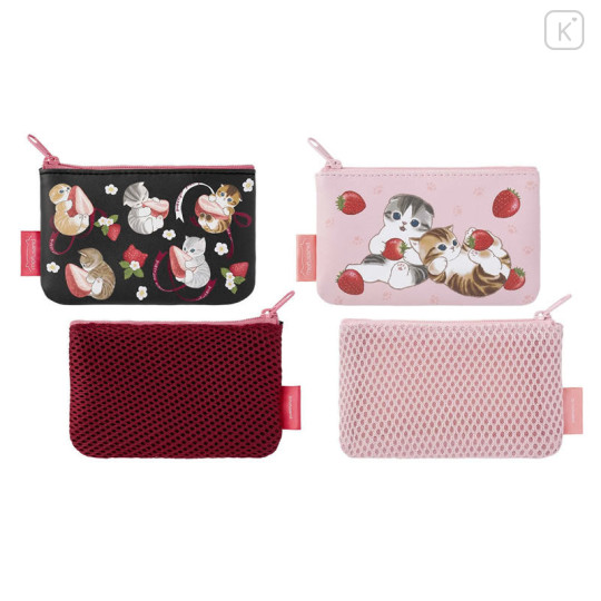 Japan Mofusand Mini Flat Pouch Set - Cat / Strawberry Black & Pink - 1