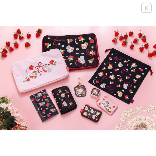 Japan Mofusand Mini Flat Pouch Set - Cat / Strawberry Black & Pink - 3