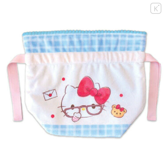 Japan Sanrio Fluffy Drawstring Pouch - Glasses Look / Hello Kitty 50th Anniversary - 1